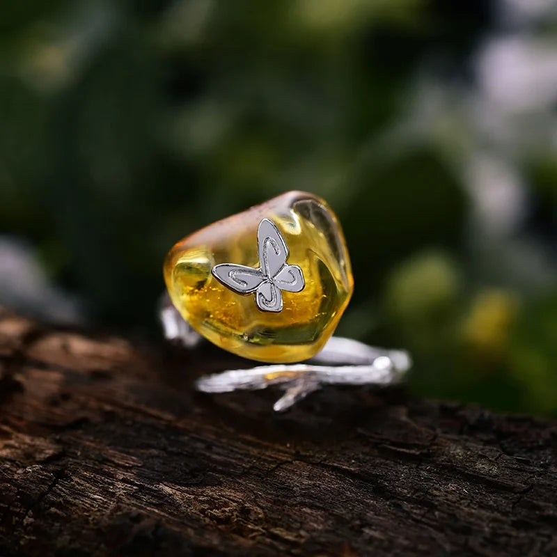 Unique Custom Jewelery™ - Amber Butterfly Whisper Ring - 925 Sterling Silver