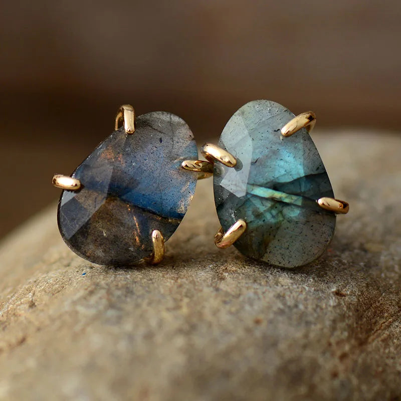 New Unique Custom Jewelery - Mystic Gleam Labradorite Gold-Claw Studs