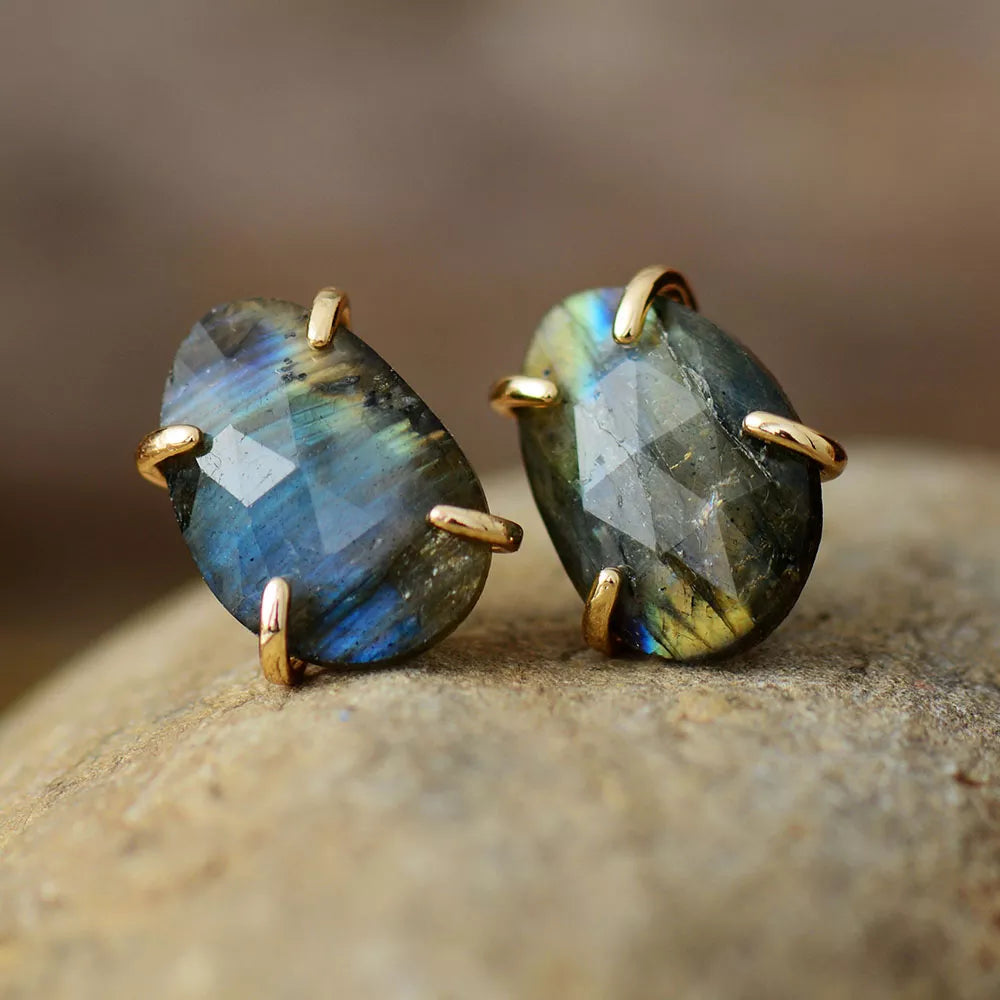 New Unique Custom Jewelery - Mystic Gleam Labradorite Gold-Claw Studs